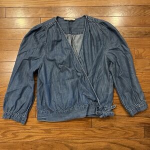 Madewell Chambray Wrap Top Womens Medium Blue Tie Waist Denim Look Blouse